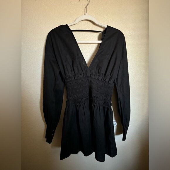 Ramy Brooke Blythe Smocked Long Sleeve V-Neck Mini Dress sz small black cotton - Picture 2 of 8